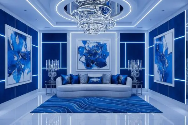 Off white curved Dune Sofa in a royal blue maximalist living room with neon accent lighting.