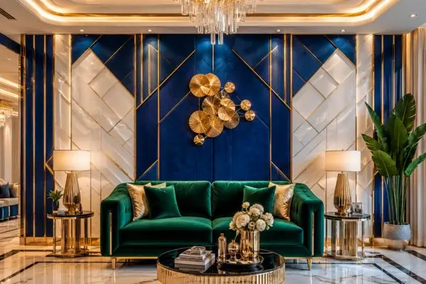 Emerald green 2 seater velvet sofa couch in a luxury living room.