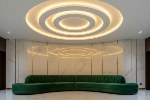 A luxury emerald green modular round sofa placed against a polished white marble wall with golden lines under glowing concentric ceiling lights.