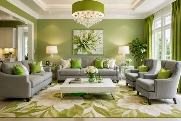 Complete grey sofa set with lime green accent pillows in a modern living room.
