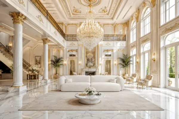 Full view of a modern cream boucle sofa under a grand crystal chandelier in a luxury palace.