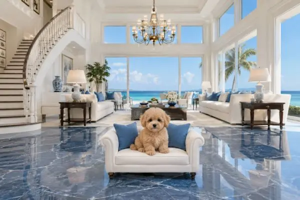 A luxury coastal villa living room with a premium white leather dog sofa and a peach puppy