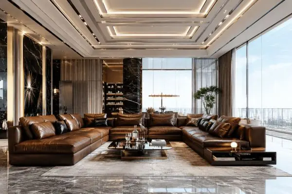 Large premium luxury leather sectional sofa set perfectly sized for a spacious modern living room