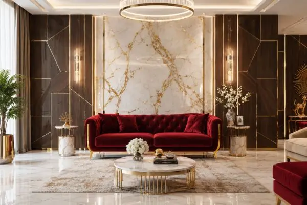 Luxurious ruby red velvet couch in a modern living room with marble walls.