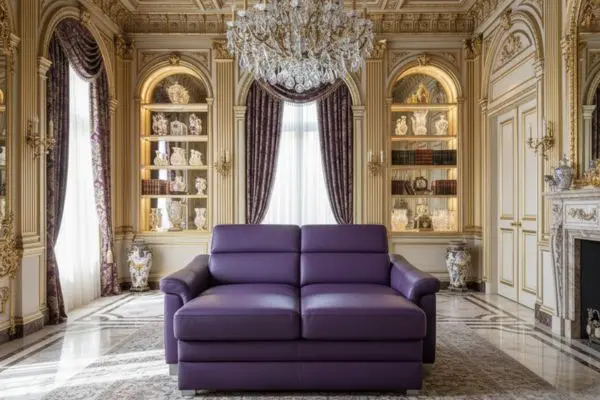 royal purple convertible couch with multi layered base in heavy luxury white and gold room