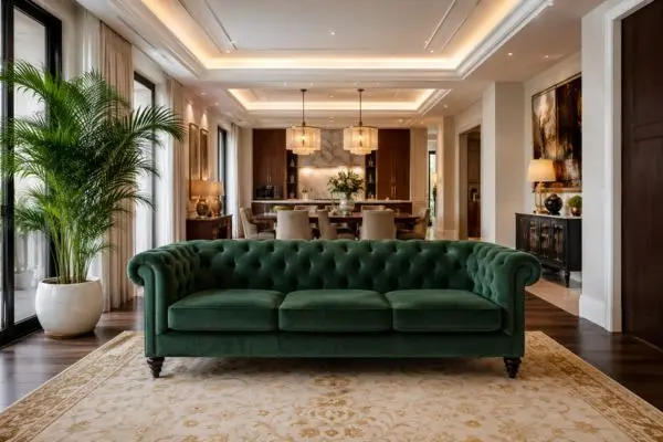 Clean open-concept home interior with a multi-layered ceiling design.