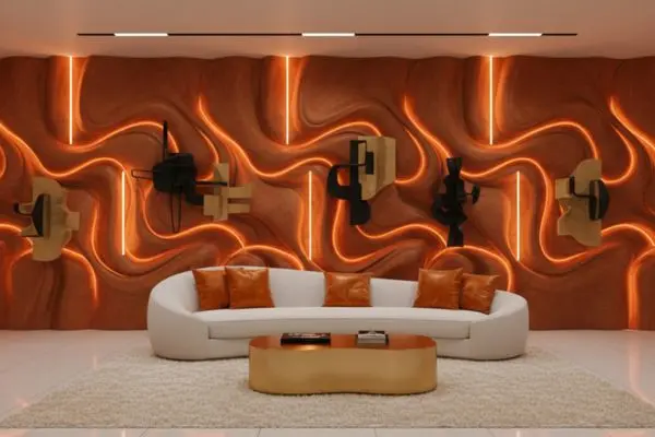 Elegant white curved luxury couch styled with a gold coffee table and a thick textured rug in a burnt orange maximalist room.