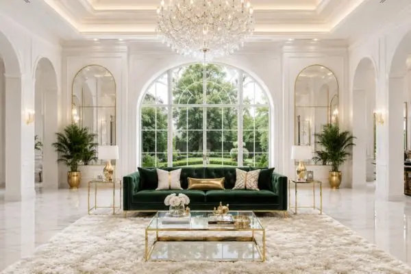 A styled three-seater green velvet sofa with gold pillows in a luxury bright living room.