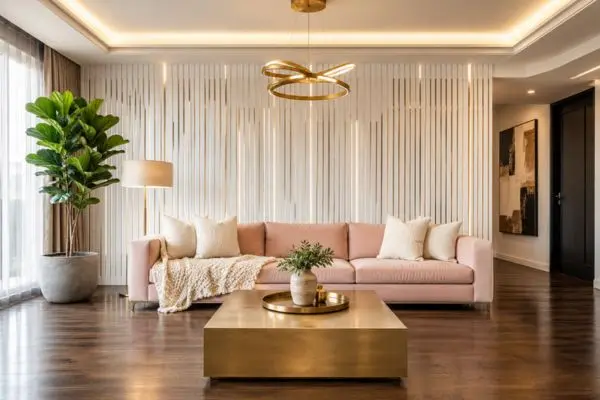 A fully visible modern blush linen seating furniture styled with textured cream cushions and a knit throw against a premium white wooden slatted feature wall.