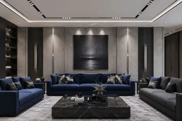 Modern royal blue living room sofa set in a clean minimalist gray interior
