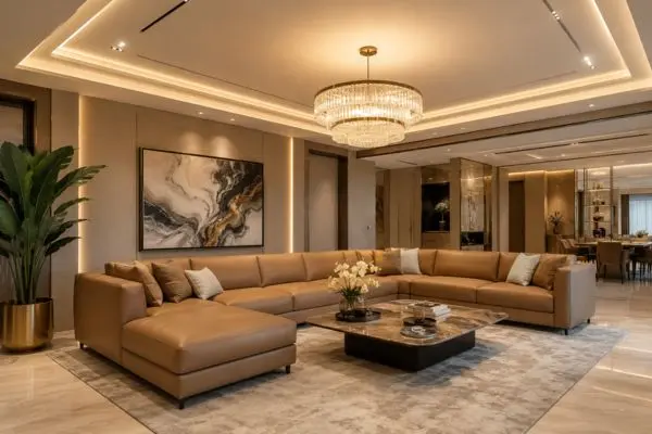 Modern L-shaped brown leather sectional sofa in a luxury warm-lit living room.