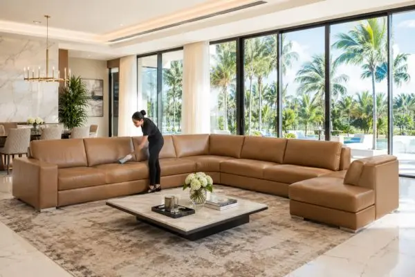 A woman cleaning a large light brown leather sectional sofa in a bright luxury villa with floor-to-ceiling windows.