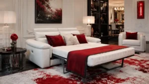white leather sofa bed extended into a sleeper bed in red and white luxury living room