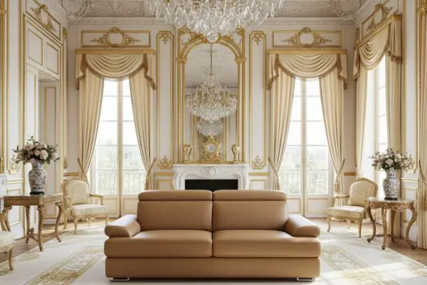 polished tan brown convertible couch in luxurious french baroque style white and gold room