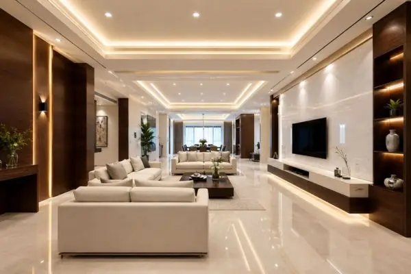 Premium cream couch setup in a luxurious modern interior with walnut wood wall panels and reflective floors