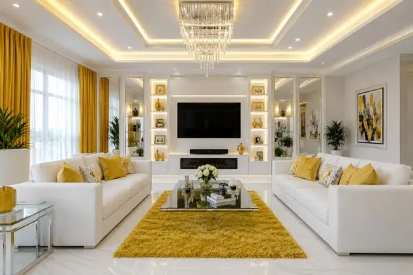 Sleek white couches arranged around a vibrant yellow rug in a bright modern interior with a white media wall