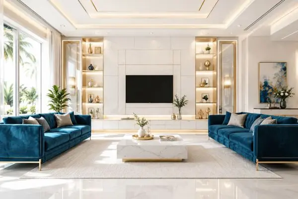Vibrant teal blue velvet couches around a white marble table in a sunlit interior with glossy floors