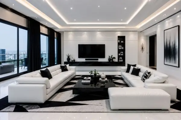 Premium white leather couch arrangement in an ultra-modern black and white interior