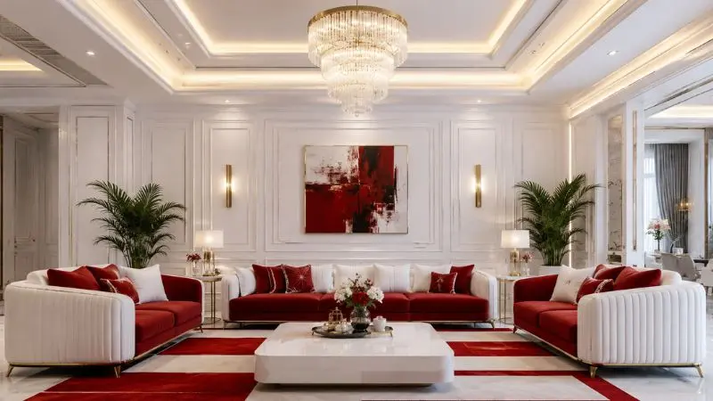 Modern red and white luxury living room sofa set with gold accents