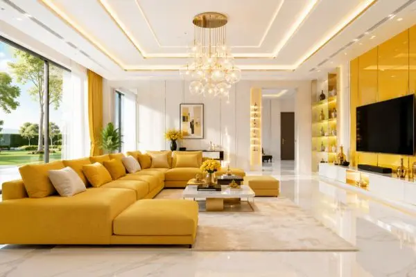 A vibrant yellow fabric sectional couch in a bright modern living room with large glass windows