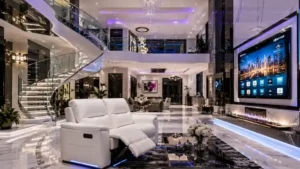 Luxury white 2 seater recliner sofa in a modern mansion living room.