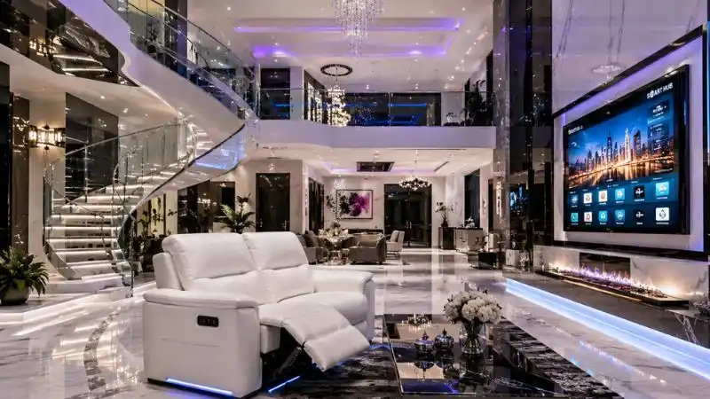 Luxury white 2 seater recliner sofa in a modern mansion living room.