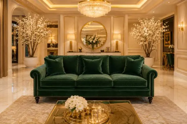 A standard three-seater green velvet sofa in a luxury cream living room with golden lighting.