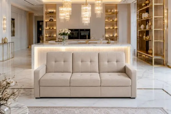 Modern beige folding sofa bed in an ultra luxury kitchen and living room layout