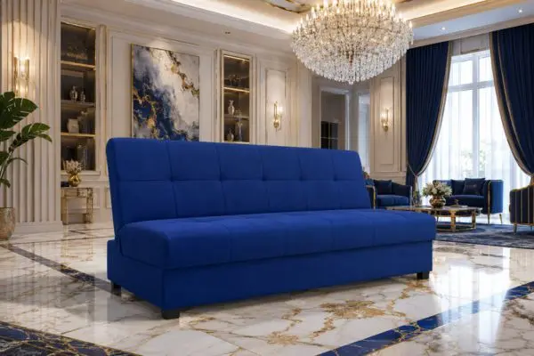 Premium royal blue folding sofa in a luxury living room setting
