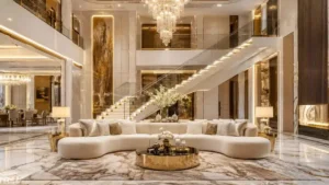 Curved cream boucle sofa in a luxury modern mansion living room.