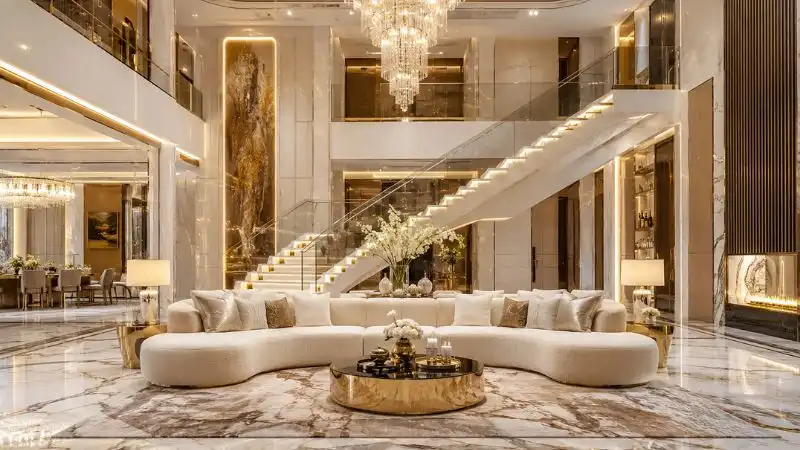 Curved cream boucle sofa in a luxury modern mansion living room.