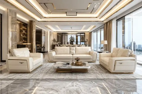 Luxury cream off-white seating collection inside a heavily lit contemporary interior