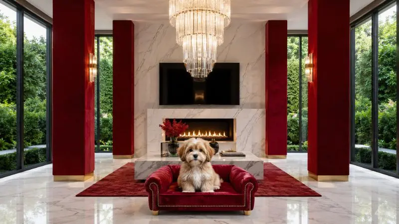A luxury crimson red velvet dog sofa bed with a cute fluffy puppy in a modern living room