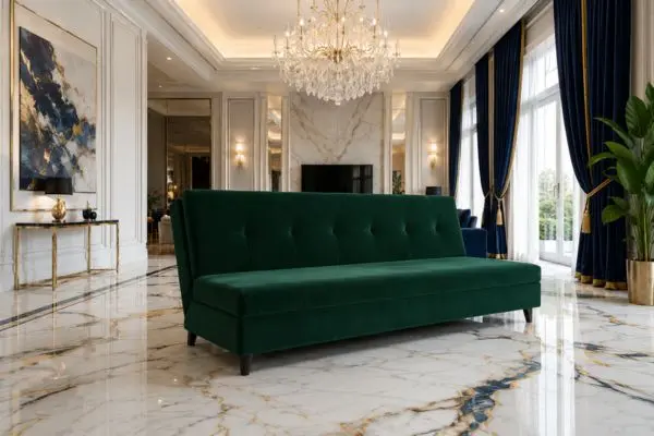 Premium emerald green folding sofa in a luxury living room layout