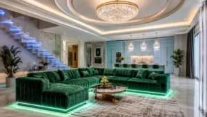 Luxury emerald green velvet sectional sofa with LED lighting in a modern home.