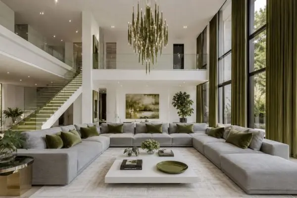 Luxury grey sectional sofa set in a high-ceiling modern living room with green accents.
