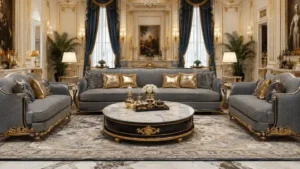 Luxury royal living room featuring a premium modern grey sofa set with gold accents.