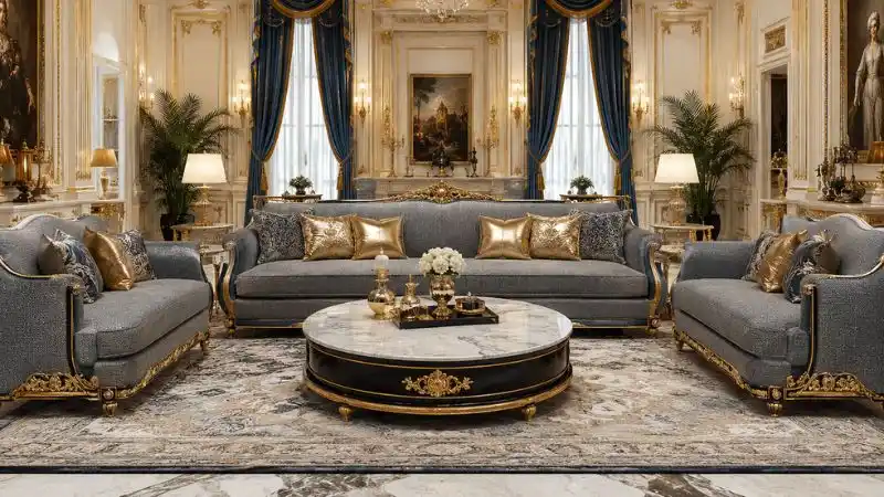 Luxury royal living room featuring a premium modern grey sofa set with gold accents.