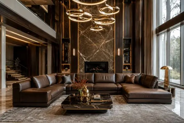 Large dark brown seating arrangement in a double height luxury room with marble wall paneling.