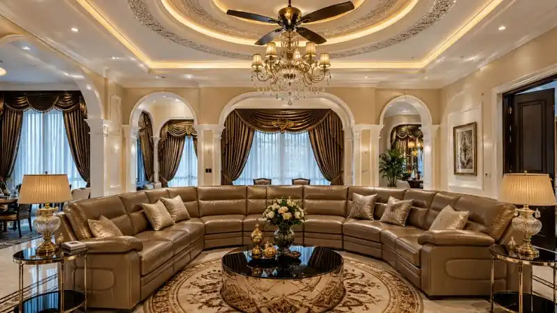 Modern tan leather sectional sofa in a luxury living room with a crystal chandelier.