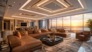 Premium luxury leather sofa set in a modern penthouse living room with bright sunset lighting