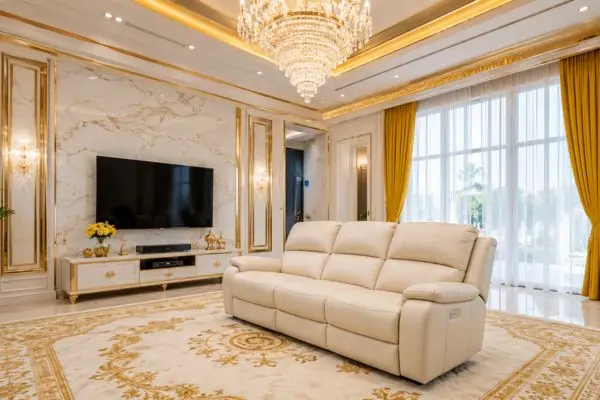 A plush cream three-seater couch with electronic buttons placed on a gold-patterned rug under a crystal chandelier.