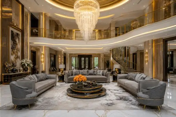 Grand double-height mansion living room with warm golden lighting and an upscale seating layout around a marble table.
