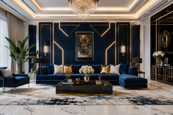 Luxury living room with a navy blue sofa and geometric gold lighted wall panels.