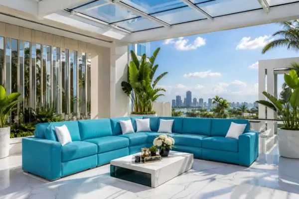 Vibrant turquoise sectional couch with white pillows arranged on a white marble terrace under a modern glass canopy.