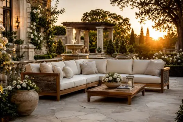 Elegant cream sectional seating arranged on a stone patio within a classic European garden estate.