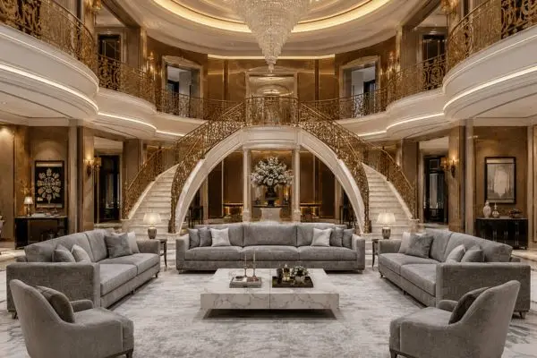 Grand double-height sitting area with a rich gold color scheme, decorative staircase, and a large round crystal chandelier.
