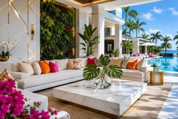 Modern white sectional couch with vibrant orange and pink cushions on a marble terrace near a resort pool.