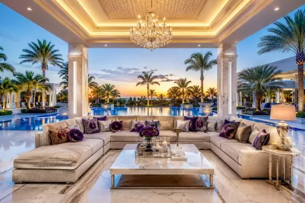 Plush champagne sectional couch with royal purple velvet cushions arranged on a grand marble terrace next to a lit-up swimming pool.