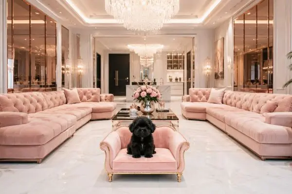 A luxury peach pink velvet dog sofa with a cute fluffy black puppy in a modern rose gold living room